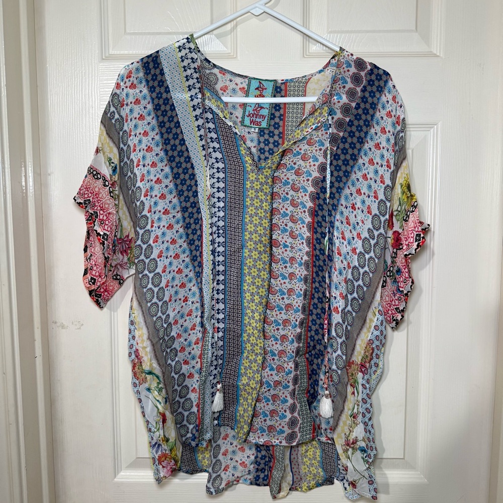 Johnny Was Printed Drawstring A-Line Blouse small